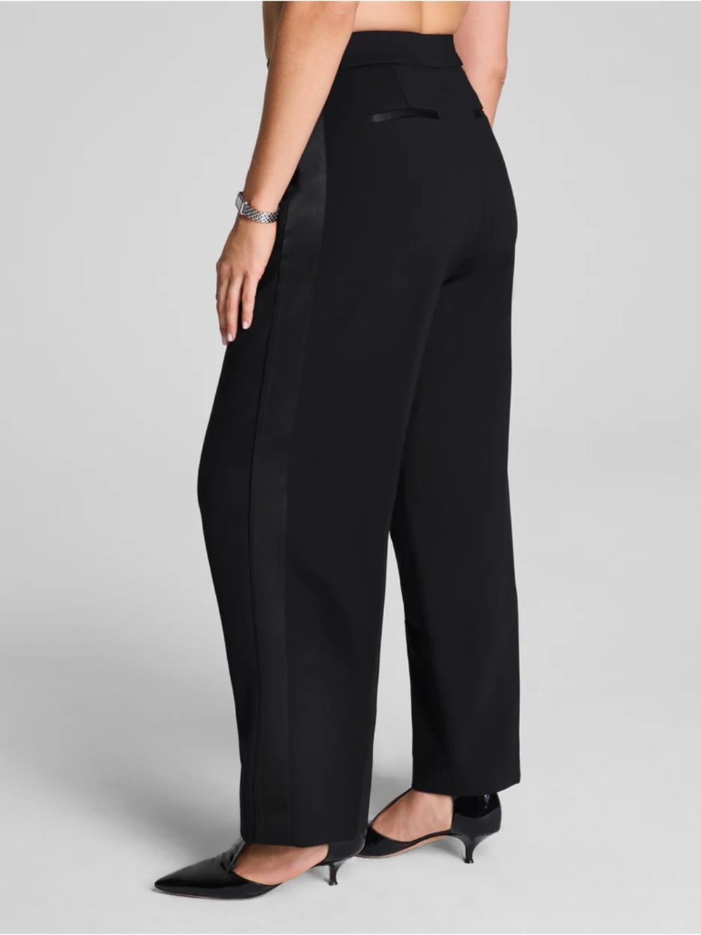 SPANX Ponte Pleated Barrel Leg Trouser with Tuxedo Stripe Black Pants NWT - Picture 2 of 11